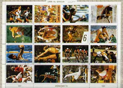 Umm Al Qiwain 1972 Munich Olympics sheetlet containing 16 values cto used (Mi 938-53A), stamps on , stamps on  stamps on sport     olympics