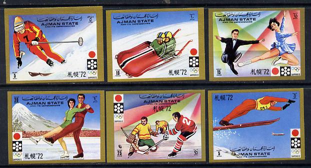 Ajman 1971 Sapporo Winter Olympics imperf set of 6 unmounted mint, Mi 1230-5B, stamps on sport   skiing   bobsled    ice hockey    skating     olympics