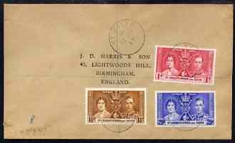 St Kitts-Nevis 1937 KG6 Coronation set of 3 on reg cover with first day cancel addressed to the forger, J D Harris.  Harris was imprisoned for 9 months after Robson Lowe exposed him for applying forged first day cancels to Coronation covers (details supplied). , stamps on , stamps on  kg6 , stamps on forgery, stamps on forger, stamps on forgeries, stamps on coronation
