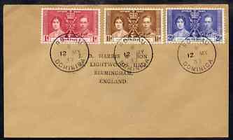 Dominica 1937 KG6 Coronation set of 3 on cover with first day cancel addressed to the forger, J D Harris.  Harris was imprisoned for 9 months after Robson Lowe exposed him for applying forged first day cancels to Coronation covers (details supplied).  Covers purporting to originate from Dominica are among those identified as forged and are cited in the text., stamps on , stamps on  stamps on , stamps on  stamps on  kg6 , stamps on  stamps on forgery, stamps on  stamps on forger, stamps on  stamps on forgeries, stamps on  stamps on coronation