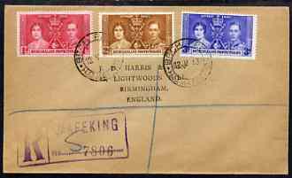 Bechuanaland 1937 KG6 Coronation set of 3 on reg cover with first day cancel addressed to the forger, J D Harris.  Harris was imprisoned for 9 months after Robson Lowe exposed him for applying forged first day cancels to Coronation covers (details supplied)., stamps on , stamps on  stamps on , stamps on  stamps on  kg6 , stamps on  stamps on forgery, stamps on  stamps on forger, stamps on  stamps on forgeries, stamps on  stamps on coronation