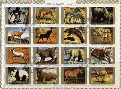 Umm Al Qiwain 1972 Animals #4 sheetlet containing 16 values cto used (Mi 1370-85A), stamps on , stamps on  stamps on animals     cats