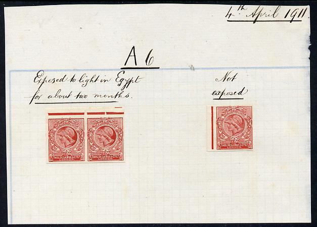 Cinderella - Great Britain 1911 De La Rue ink trial Minerva Head dummy stamp in orange-red imperf pair endorsed Exposed to (sun) light in Egypt for about two months, plus..., stamps on 