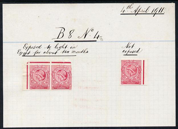 Cinderella - Great Britain 1911 De La Rue ink trial Minerva Head dummy stamp in cerise imperf pair endorsed Exposed to (sun) light in Egypt for about two months, plus imperf single endorsed Not Exposed, both mounted on part of album page from DLR archives, dated 4 April 1911 and headed B8 No.4, a rare and most interesting item almost certainly unique, stamps on , stamps on stamps on cinderella - great britain 1911 de la rue ink trial minerva head dummy stamp in cerise imperf pair endorsed exposed to (sun) light in egypt for about two months, stamps on stamps on plus imperf single endorsed not exposed, stamps on stamps on both mounted on part of album page from dlr archives, stamps on stamps on dated 4 april 1911 and headed b8 no.4, stamps on stamps on a rare and most interesting item almost certainly unique