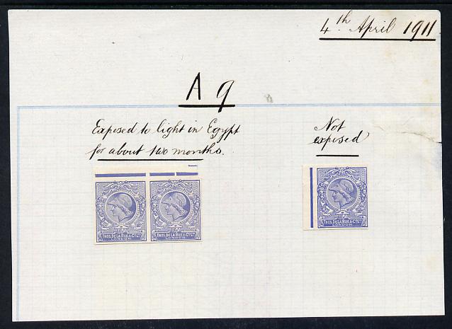 Cinderella - Great Britain 1911 De La Rue ink trial Minerva Head dummy stamp in pale blue imperf pair endorsed Exposed to (sun) light in Egypt for about two months, plus imperf single endorsed Not Exposed, both mounted on part of album page from DLR archives, dated 4 April 1911 and headed A9, a rare and most interesting item almost certainly unique, stamps on , stamps on stamps on cinderella - great britain 1911 de la rue ink trial minerva head dummy stamp in pale blue imperf pair endorsed exposed to (sun) light in egypt for about two months, stamps on stamps on plus imperf single endorsed not exposed, stamps on stamps on both mounted on part of album page from dlr archives, stamps on stamps on dated 4 april 1911 and headed a9, stamps on stamps on a rare and most interesting item almost certainly unique