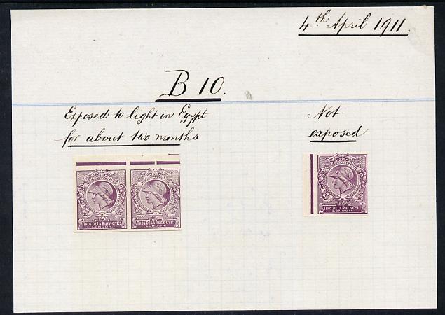 Cinderella - Great Britain 1911 De La Rue ink trial Minerva Head dummy stamp in purple imperf pair endorsed Exposed to (sun) light in Egypt for about two months, plus imperf single endorsed Not Exposed, both mounted on part of album page from DLR archives, dated 4 April 1911 and headed B10, a rare and most interesting item almost certainly unique, stamps on , stamps on  stamps on cinderella - great britain 1911 de la rue ink trial minerva head dummy stamp in purple imperf pair endorsed exposed to (sun) light in egypt for about two months, stamps on  stamps on  plus imperf single endorsed not exposed, stamps on  stamps on  both mounted on part of album page from dlr archives, stamps on  stamps on  dated 4 april 1911 and headed b10, stamps on  stamps on  a rare and most interesting item almost certainly unique