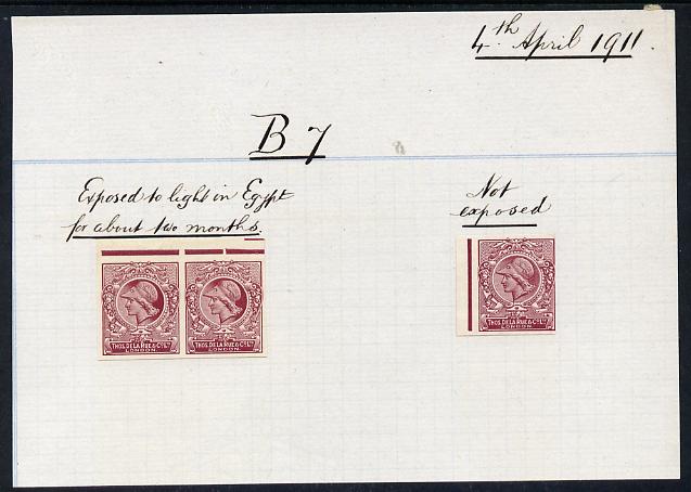 Cinderella - Great Britain 1911 De La Rue ink trial Minerva Head dummy stamp in mauve imperf pair endorsed Exposed to (sun) light in Egypt for about two months, plus imperf single endorsed Not Exposed, both mounted on part of album page from DLR archives, dated 4 April 1911 and headed B7, a rare and most interesting item almost certainly unique, stamps on , stamps on stamps on cinderella - great britain 1911 de la rue ink trial minerva head dummy stamp in mauve imperf pair endorsed exposed to (sun) light in egypt for about two months, stamps on stamps on plus imperf single endorsed not exposed, stamps on stamps on both mounted on part of album page from dlr archives, stamps on stamps on dated 4 april 1911 and headed b7, stamps on stamps on a rare and most interesting item almost certainly unique