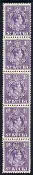 St Lucia 1938-48 KG6 1d violet perf 12.5 coil strip of 5 with coil join, one stamp folded over for display, superb unmounted mint. as SG 129a, stamps on , stamps on  stamps on , stamps on  stamps on  kg6 , stamps on  stamps on 