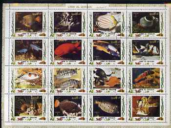 Umm Al Qiwain 1972 Fish #1 sheetlet containing 16 values cto used (Mi 1306-21), stamps on , stamps on  stamps on fish      marine-life    shells 