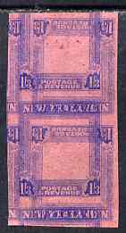 New Zealand 1947-52 KG6 1s3d imperf proof pair of frame only in blue on pink safety paper with additional impression of frame inverted.  Reverse shows various impressions of Pakistan 4as & 8as (portions of 8 stamps), stamps on , stamps on  stamps on , stamps on  stamps on  kg6 , stamps on  stamps on 