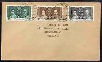 Nyasaland 1937 KG6 Coronation set of 3 on cover with first day cancel addressed to the forger, J D Harris.  Harris was imprisoned for 9 months after Robson Lowe exposed him for applying forged first day cancels to Coronation covers (details supplied).  Covers purporting to originate from Blantyre, Nyasaland are among those identified as forged and are cited in the text., stamps on , stamps on  kg6 , stamps on forgery, stamps on forger, stamps on forgeries, stamps on coronation