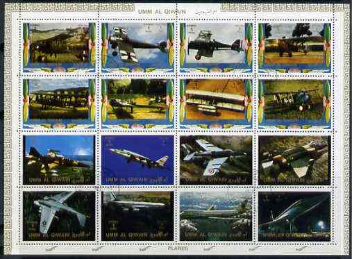Umm Al Qiwain 1972 Aircraft sheetlet containing 16 values cto used (Mi 1274-89A), stamps on aviation      concorde