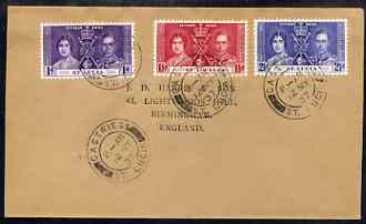 St Lucia 1937 KG6 Coronation set of 3 on cover with first day cancel addressed to the forger, J D Harris.  Harris was imprisoned for 9 months after Robson Lowe exposed him for applying forged first day cancels to Coronation covers (details supplied)., stamps on , stamps on  stamps on , stamps on  stamps on  kg6 , stamps on  stamps on forgery, stamps on  stamps on forger, stamps on  stamps on forgeries, stamps on  stamps on coronation