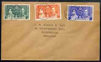 St Helena 1937 KG6 Coronation set of 3 on cover with first day cancel addressed to the forger, J D Harris.  Harris was imprisoned for 9 months after Robson Lowe exposed him for applying forged first day cancels to Coronation covers (details supplied).  Covers purporting to originate from St Helena are among those identified as forged and are cited in the text., stamps on , stamps on  stamps on , stamps on  stamps on  kg6 , stamps on  stamps on forgery, stamps on  stamps on forger, stamps on  stamps on forgeries, stamps on  stamps on coronation