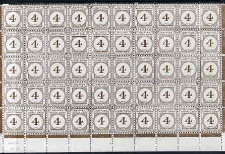 Malaya - Postal Union 1964 Postage Due 4c brown P12 block of 50 (lower 5 rows) unmounted mint, SG D24a, stamps on 