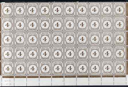 Malaya - Postal Union 1964 Postage Due 4c brown P12 block of 50 (lower 5 rows) unmounted mint, SG D24a, stamps on 
