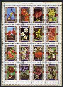Umm Al Qiwain 1972 Flowers sheetlet containing 16 values cto used (Mi 1034-49A), stamps on flowers, stamps on daffodils, stamps on orchids