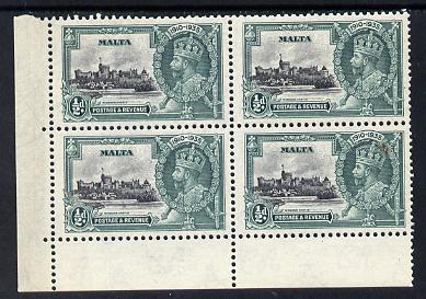 Malta 1935 KG5 Silver Jubilee 1/2d unmounted mint corner block of 4, one stamp with 'extra flagstaff' variety officially but incompletely erased (see note after SG 213), stamps on , stamps on  stamps on castles, stamps on  stamps on  kg5 , stamps on  stamps on royalty   varieties         silver jubilee