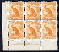 Australia 1948-56 Kangaroo 1/2d corner block of 6 with Govt imprint (coil perfs) unmounted mint SG228d, stamps on 