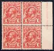 Australia 1913-14 KG5 Head 1d red marginal block of 4 stated to be positions 69-70/79-80 3 stamps unmounted mint, SG17, stamps on , stamps on  kg5 , stamps on 