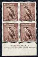 Australia 1937-49 KG6 Kookaburra 6d marginal block of 4 with McCracken imprint unmounted mint, SG190, stamps on 