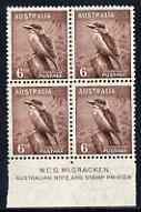 Australia 1937-49 KG6 Kookaburra 6d marginal block of 4 with McCracken imprint unmounted mint, SG190, stamps on , stamps on  stamps on australia 1937-49 kg6 kookaburra 6d marginal block of 4 with mccracken imprint unmounted mint, stamps on  stamps on  sg190