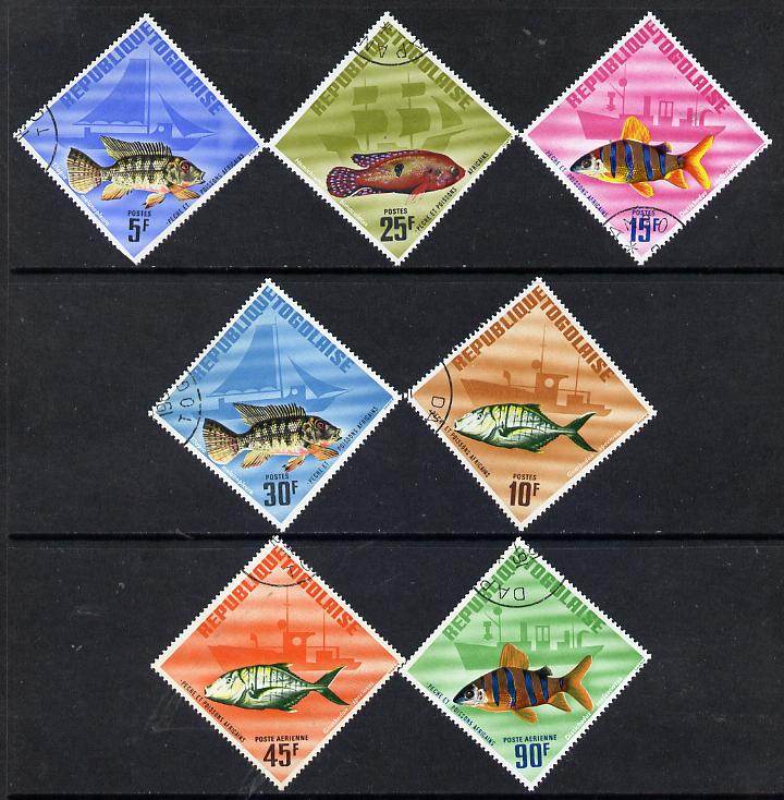 Togo 1967 Fish diamond shaped set of 7 cto used, SG 493-99*, stamps on , stamps on  stamps on fish, stamps on marine-life, stamps on ships