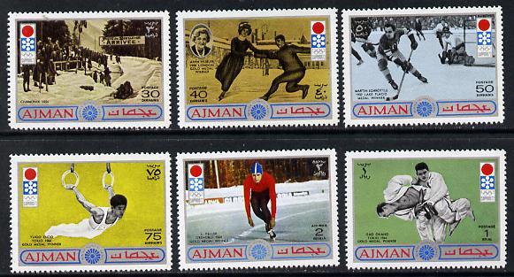 Ajman 1971 Sapporo Winter Olympics perf set of 6 unmounted mint, Mi 762-67, stamps on sport, stamps on judo, stamps on skating, stamps on bobsled, stamps on gymnastics, stamps on ice hockey, stamps on olympics, stamps on  gym , stamps on gymnastics, stamps on , stamps on martial arts