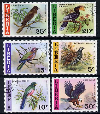 Liberia 1977 Wild Birds set of 6 cto used, SG 1307-12*, stamps on , stamps on  stamps on birds    roller    hornbill   bulbul    eagle    birds of prey