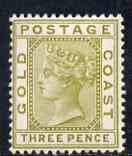 Gold Coast 1884-91 QV 3d olive-yellow fine mounted mint SG15, stamps on , stamps on  qv , stamps on 