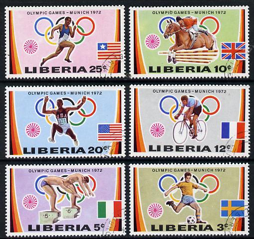 Liberia 1972 Munich Olympic Games set of 6 cto used, SG 1106-11*, stamps on olympics    sport    football    swimming   show-jumping   bicycles   jumping   running