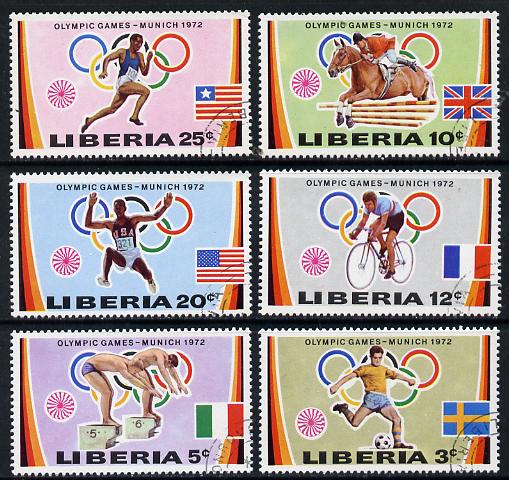 Liberia 1972 Munich Olympic Games set of 6 cto used, SG 1106-11*, stamps on olympics    sport    football    swimming   show-jumping   bicycles   jumping   running