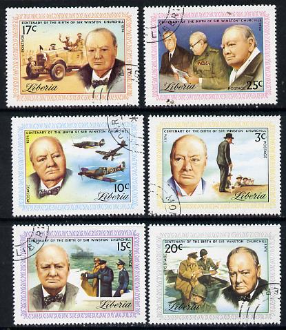 Liberia 1974 Churchill Centenary set of 6 cto used, SG 1219-24*, stamps on , stamps on  stamps on churchill, stamps on  stamps on militaria, stamps on  stamps on personalities, stamps on  stamps on aviation, stamps on  stamps on cars