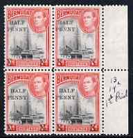 Bermuda 1940 Surcharged 1/2d on 1d block of 4, 2 stamps with 14mm spacing, 2 with 12.5mm spacing mounted mint SG122, stamps on xxx