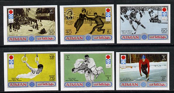 Ajman 1971 Sapporo Winter Olympics imperf set of 6 unmounted mint, Mi 762-67B, stamps on sport, stamps on judo, stamps on skating, stamps on bobsled, stamps on gymnastics, stamps on ice hockey, stamps on olympics, stamps on  gym , stamps on gymnastics, stamps on , stamps on martial arts