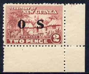 New Guinea 1925-31 Native Village 2d opt'd OS marginal unmounted mint with shiny gum, SG O24, stamps on , stamps on  stamps on new guinea 1925-31 native village 2d opt'd os marginal unmounted mint with shiny gum, stamps on  stamps on  sg o24