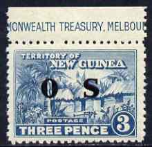 New Guinea 1925-31 Native Village 3d opt'd OS marginal unmounted mint with shiny gum, SG O25, stamps on , stamps on  stamps on new guinea 1925-31 native village 3d opt'd os marginal unmounted mint with shiny gum, stamps on  stamps on  sg o25