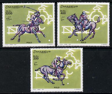 Somalia 2001 Polo perf set of 3 unmounted mint. Note this item is privately produced and is offered purely on its thematic appeal Michel 920-22, stamps on , stamps on  stamps on sport, stamps on  stamps on polo, stamps on  stamps on horses