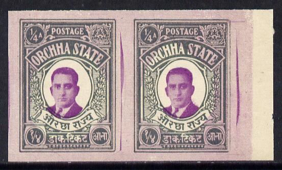 Indian States - Orcha 1935 Maharaja 1/4a imperf pair (unrecorded by SG) with photocopy of the complete sheet of 42 from which it came showing authenticating State seal on back, stamps on , stamps on  stamps on , stamps on  stamps on  kg5 , stamps on  stamps on 