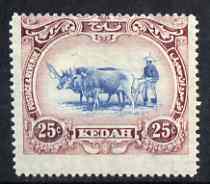 Malaya - Kedah 1921-32 Ploughing 25c Script mounted mint centred high SG33, stamps on , stamps on  stamps on malaya - kedah 1921-32 ploughing 25c script mounted mint centred high sg33