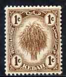Malaya - Kedah 1921-32 Sheaf of Rice 1c brown Script mounted mint SG26, stamps on , stamps on  stamps on malaya - kedah 1921-32 sheaf of rice 1c brown script mounted mint sg26