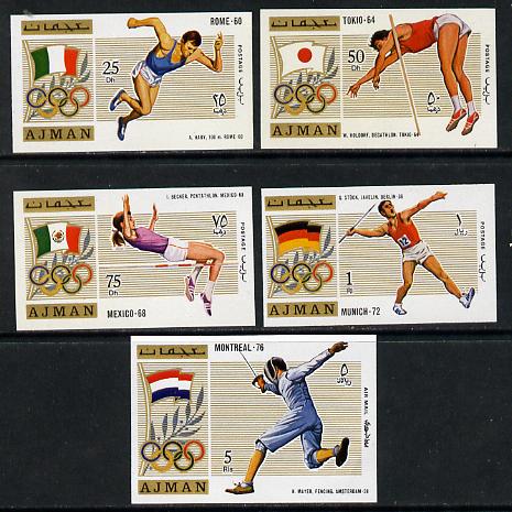 Ajman 1971 Olympics (from 1960 to 1976) imperf set of 5 unmounted mint, Mi 1210-14B, stamps on , stamps on  stamps on sport    running    decathlan   pole vault    high jump   pentathlon     javelin      fencing    olympics    flags