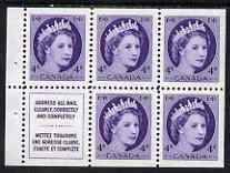 Canada 1954-62 QEII 4c Booklet panes 5 stamps plus label unmounted mint SG466b, stamps on , stamps on  stamps on booklet - canada 1954-62 qeii 4c booklet panes 5 stamps plus label unmounted mint sg466b