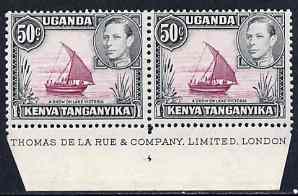 Kenya, Uganda & Tanganyika 1938-54 KG6 Dhow on Lake Victoria 50c P13 x 11.75 marginal pair with DLR imprint stamps unmounted mint SG144a, stamps on , stamps on  kg6 , stamps on lakes, stamps on ships