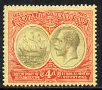 Bermuda 1920-21 KG5 Tercentenary (1st issue) 4d black & red on yellow m/m, SG 63, stamps on , stamps on  stamps on , stamps on  stamps on  kg5 , stamps on  stamps on 