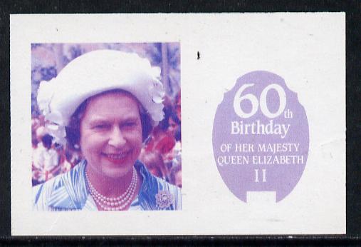 Tuvalu - Nanumaga 1986 Queen's 60th Birthday 5c imperf proof in red & blue only printed on gummed paper (ex Format archives), stamps on , stamps on  stamps on royalty        60th birthday