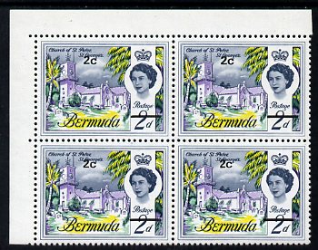 Bermuda 1970 QE2 New Currency 2c Tall '2' variety in positional corner block of 4 unmounted mint, SG 233ea, stamps on 
