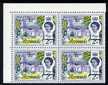 Bermuda 1970 QE2 New Currency 2c Tall '2' variety in positional corner block of 4 unmounted mint, SG 233ea, stamps on , stamps on  stamps on bermuda 1970 qe2 new currency 2c tall '2' variety in positional corner block of 4 unmounted mint, stamps on  stamps on  sg 233ea