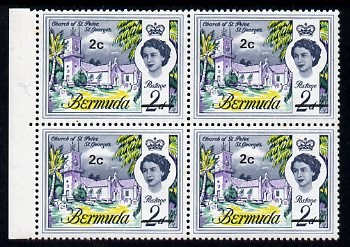 Bermuda 1970 QE2 New Currency 2c unmounted mint left marginal block of 4 with top right stmp showing a frame break at left by palm tree frond, SG 233 var, stamps on 