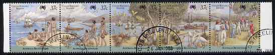 Cocos (Keeling) Islands 1988 Australia Bi-cent strip of 5 (arrival first fleet) fine cds used, SG 246a, stamps on , stamps on  stamps on cocos (keeling) islands 1988 australia bi-cent strip of 5 (arrival first fleet) fine cds used, stamps on  stamps on  sg 246a